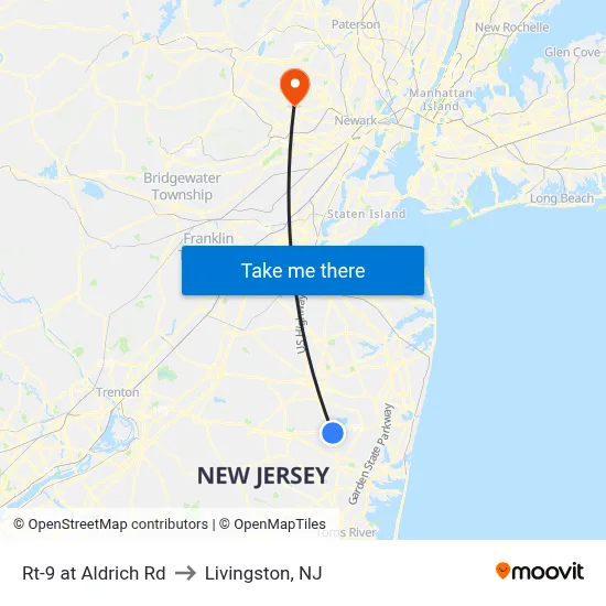Rt-9 at Aldrich Rd to Livingston, NJ map