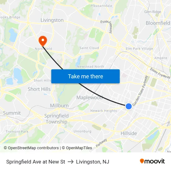 Springfield Ave at New St to Livingston, NJ map