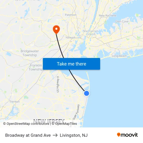 Broadway at Grand Ave to Livingston, NJ map