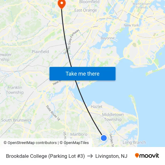 Brookdale College (Parking Lot #3) to Livingston, NJ map