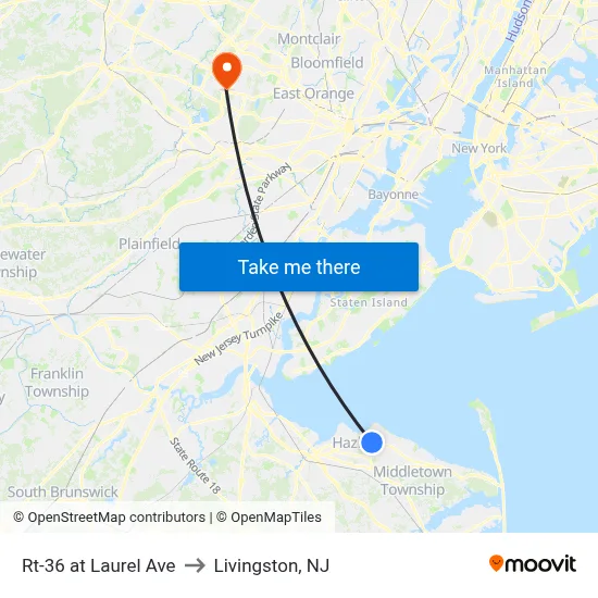 Rt-36 at Laurel Ave to Livingston, NJ map