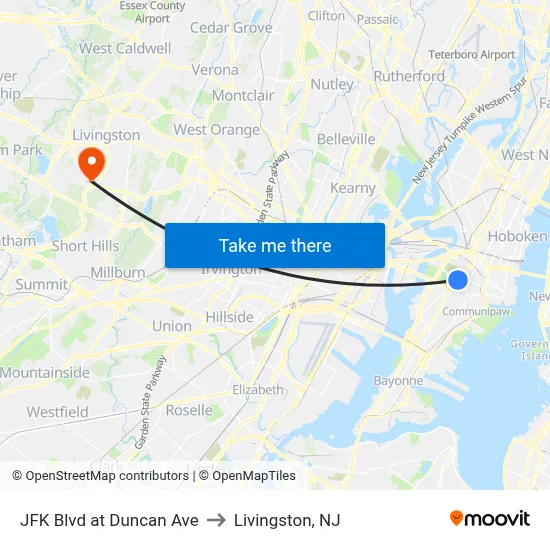 JFK Blvd at Duncan Ave to Livingston, NJ map