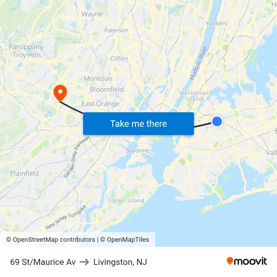 69 St/Maurice Av to Livingston, NJ map