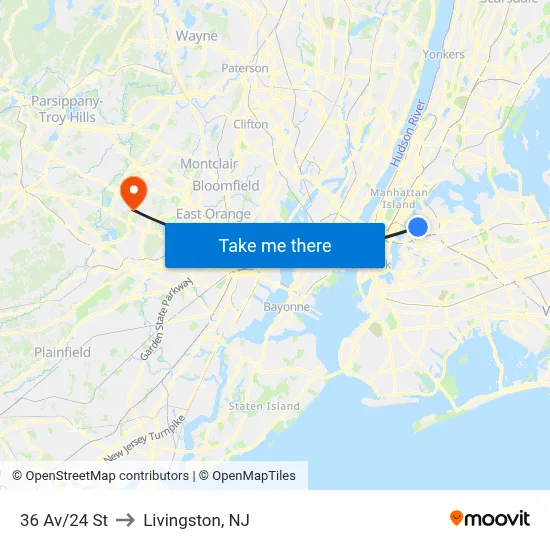 36 Av/24 St to Livingston, NJ map