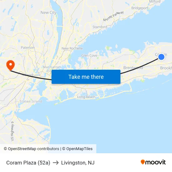 Coram Plaza (52a) to Livingston, NJ map