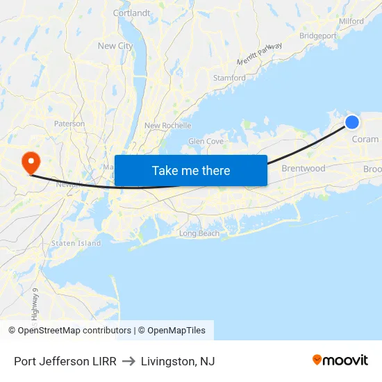Port Jefferson LIRR to Livingston, NJ map