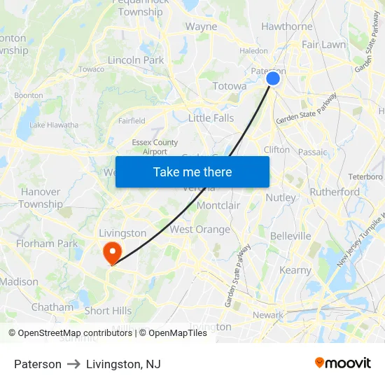 Paterson to Livingston, NJ map