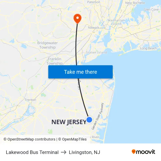 Lakewood Bus Terminal to Livingston, NJ map
