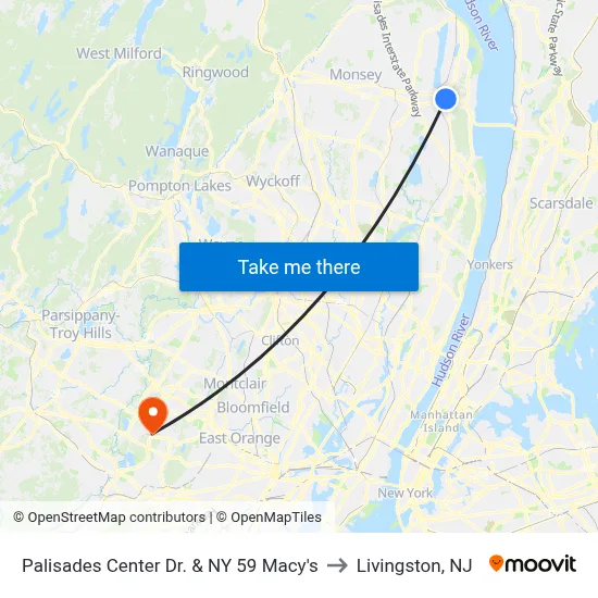 Palisades Center Dr. & NY 59 Macy's to Livingston, NJ map