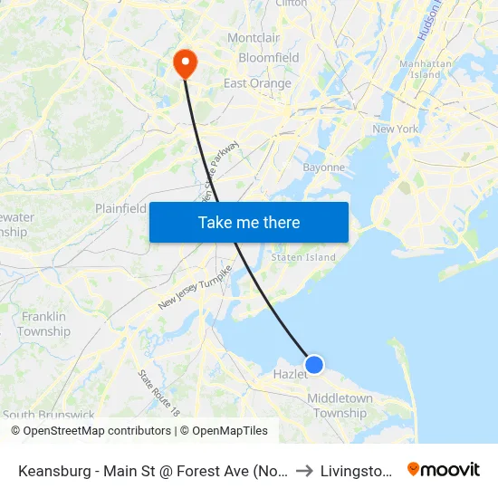 Keansburg -  Main St @ Forest Ave (Northbound) to Livingston, NJ map