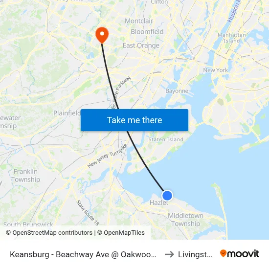 Keansburg -  Beachway Ave @ Oakwood Pl (Northbound) to Livingston, NJ map
