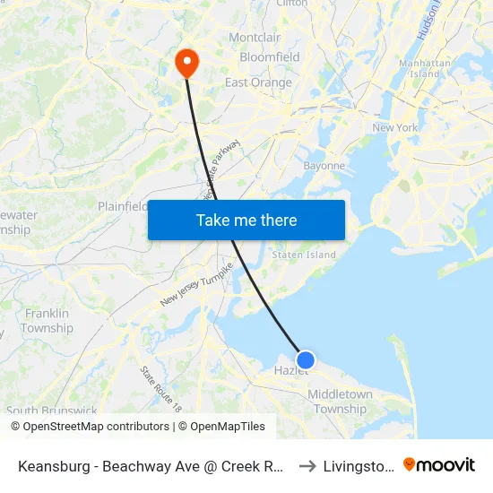 Keansburg -  Beachway Ave @ Creek Rd (Northbound) to Livingston, NJ map