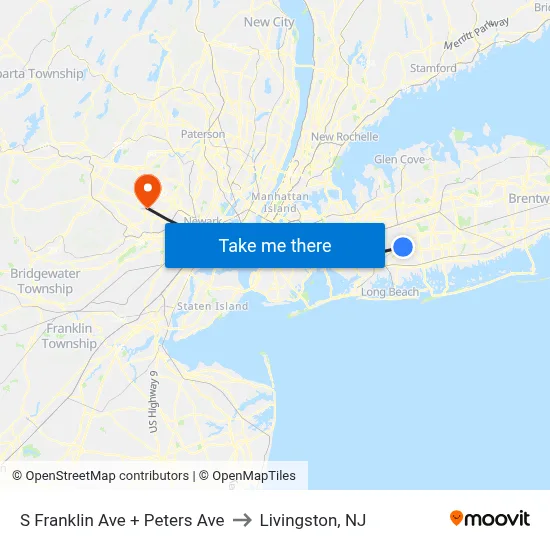 S Franklin Ave + Peters Ave to Livingston, NJ map
