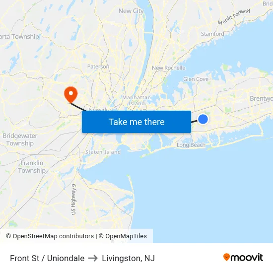 Front St / Uniondale to Livingston, NJ map