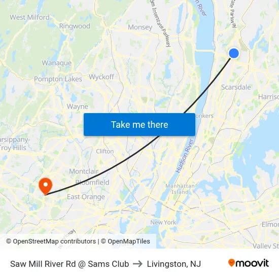 Saw Mill River Rd @ Sams Club to Livingston, NJ map