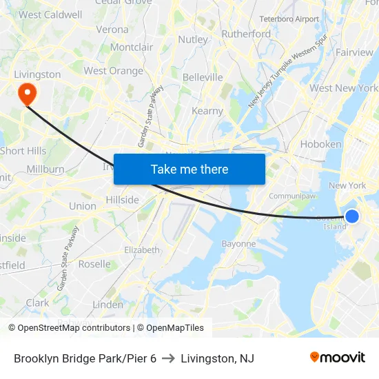 Brooklyn Bridge Park/Pier 6 to Livingston, NJ map