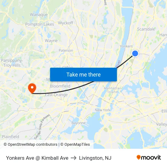 Yonkers Ave @ Kimball Ave to Livingston, NJ map