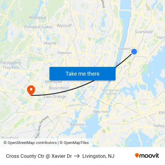 Cross County Ctr @ Xavier Dr to Livingston, NJ map