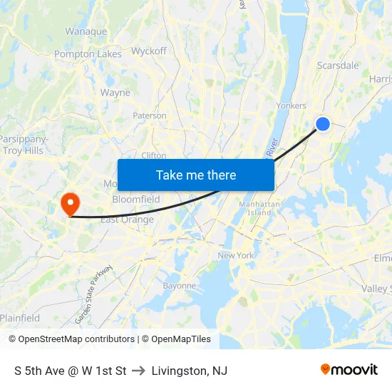 S 5th Ave @ W 1st St to Livingston, NJ map