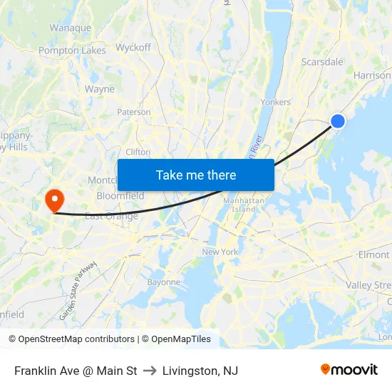Franklin Ave @ Main St to Livingston, NJ map