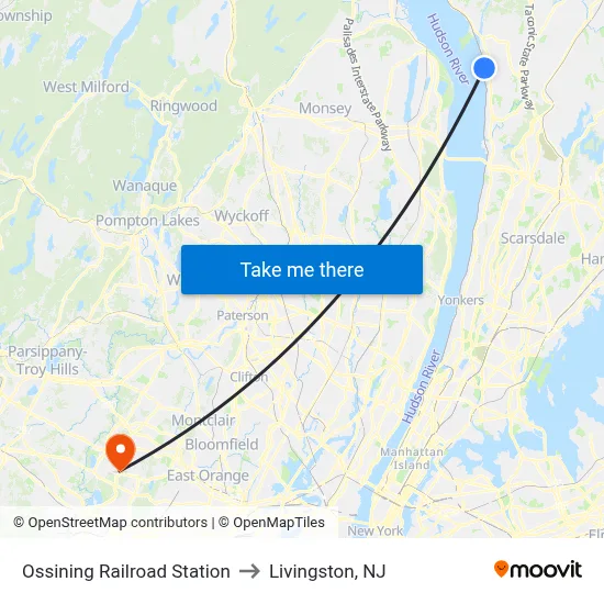 Ossining Railroad Station to Livingston, NJ map