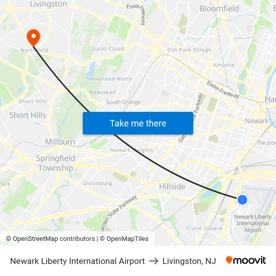 Newark Liberty International Airport to Livingston, NJ map