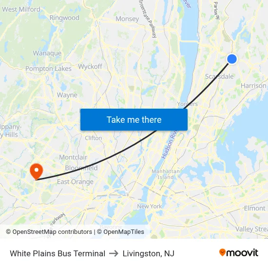 White Plains Bus Terminal to Livingston, NJ map