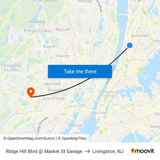 Ridge Hill Blvd @ Market St Garage to Livingston, NJ map