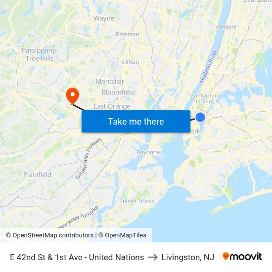 E 42nd St & 1st Ave - United Nations to Livingston, NJ map