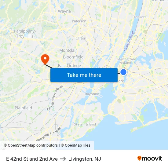 E 42nd St and 2nd Ave to Livingston, NJ map