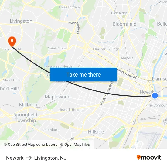 Newark to Livingston, NJ map