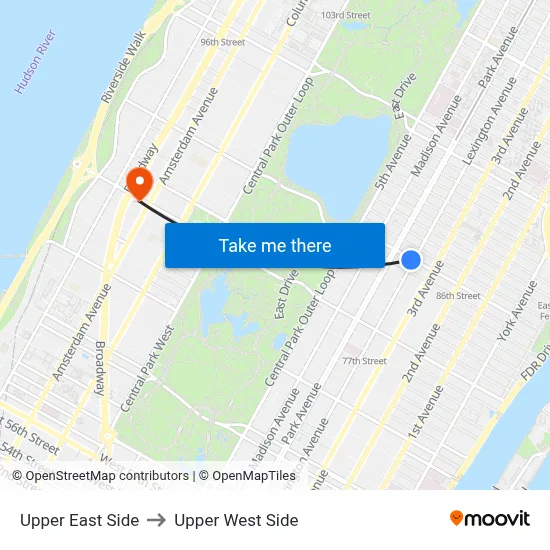 Upper East Side to Upper West Side map