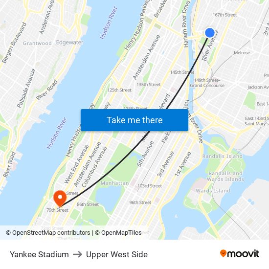 Yankee Stadium to Upper West Side map