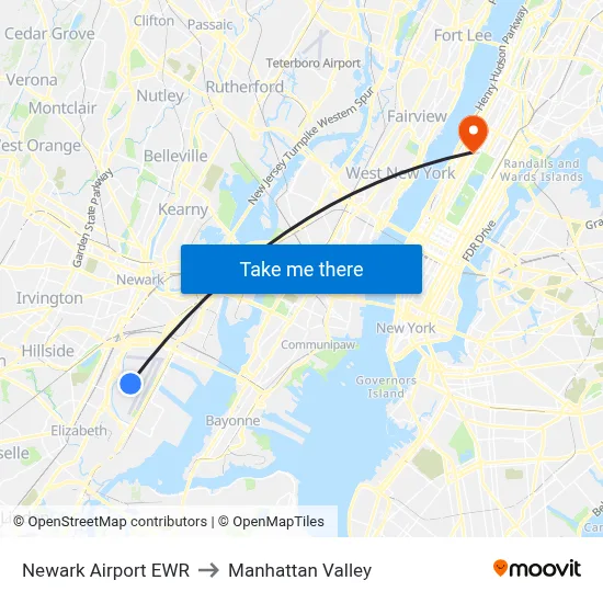 Newark Airport EWR to Manhattan Valley map