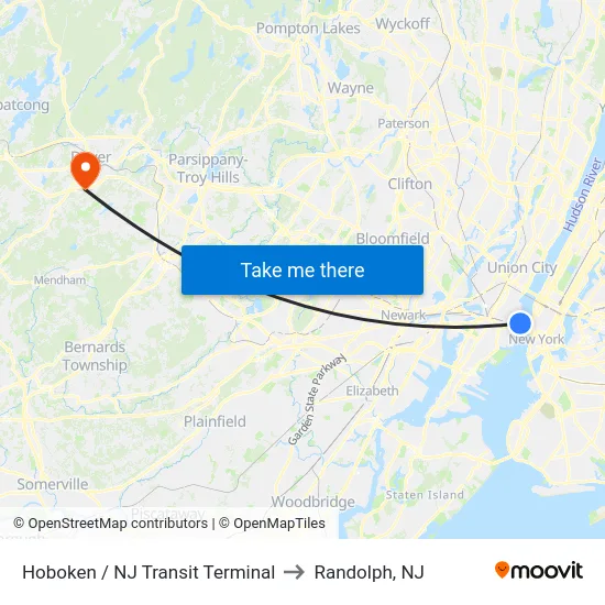 Hoboken / NJ Transit Terminal to Randolph, NJ map