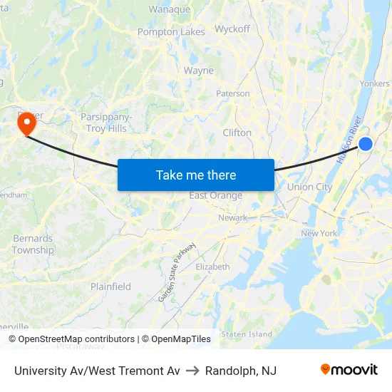 University Av/West Tremont Av to Randolph, NJ map