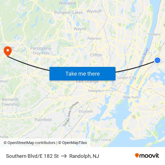 Southern Blvd/E 182 St to Randolph, NJ map