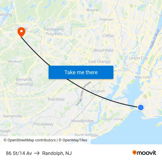 86 St/14 Av to Randolph, NJ map