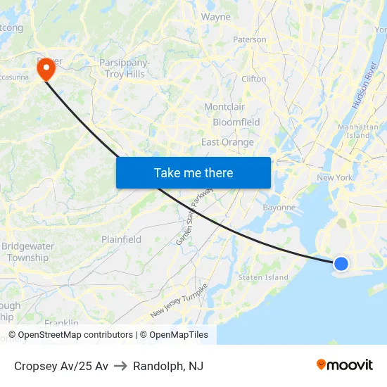 Cropsey Av/25 Av to Randolph, NJ map