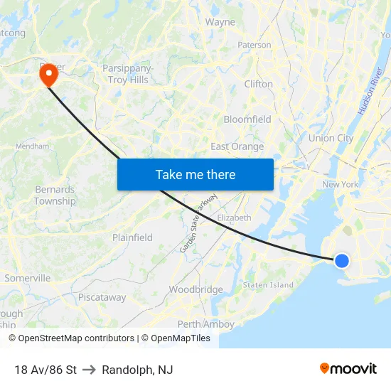 18 Av/86 St to Randolph, NJ map