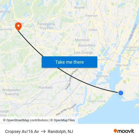 Cropsey Av/16 Av to Randolph, NJ map