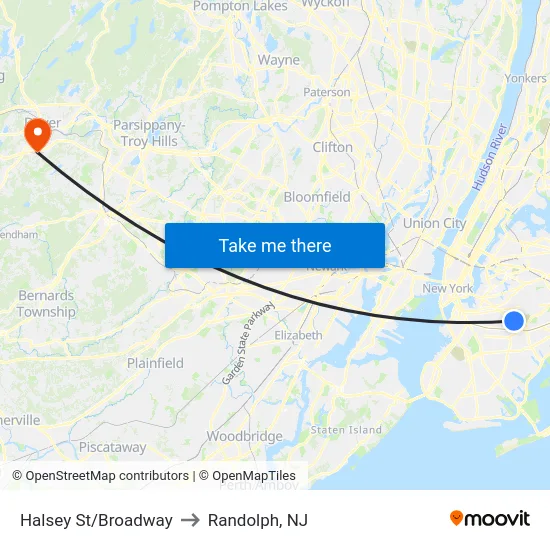 Halsey St/Broadway to Randolph, NJ map