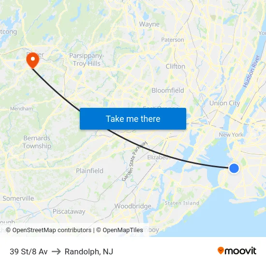 39 St/8 Av to Randolph, NJ map