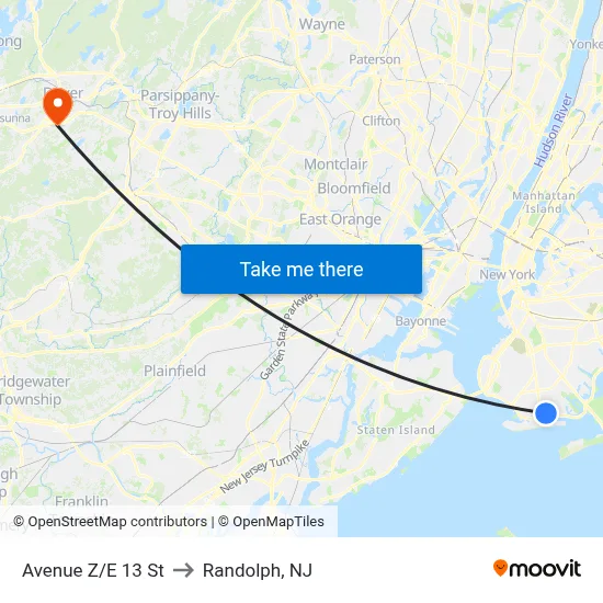 Avenue Z/E 13 St to Randolph, NJ map