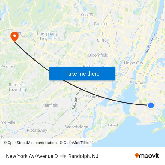 New York Av/Avenue D to Randolph, NJ map