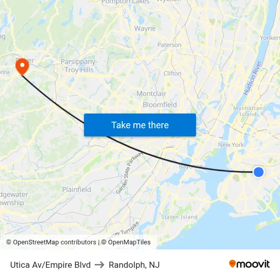 Utica Av/Empire Blvd to Randolph, NJ map