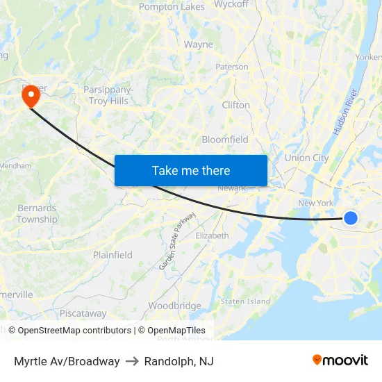 Myrtle Av/Broadway to Randolph, NJ map