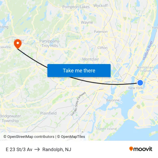 E 23 St/3 Av to Randolph, NJ map