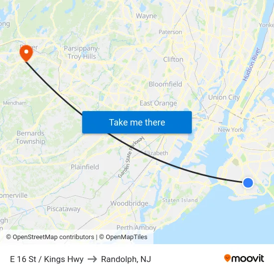 E 16 St / Kings Hwy to Randolph, NJ map