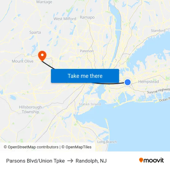 Parsons Blvd/Union Tpke to Randolph, NJ map
